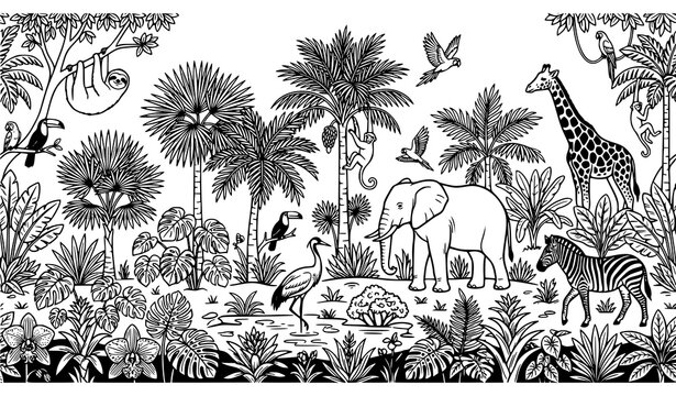 Jungle Safari Seamless Pattern Illustration, Wild Animal Tropical Forest