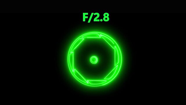 Camera lens neon F/2.8 icon. Aperture f stop camera lens setting .Camera lens Iris opening and closing, f-stop aperture