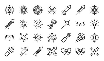 Fototapeta premium Firecracker and Firework Hand Drawn Elements, Celebration Outline Icons