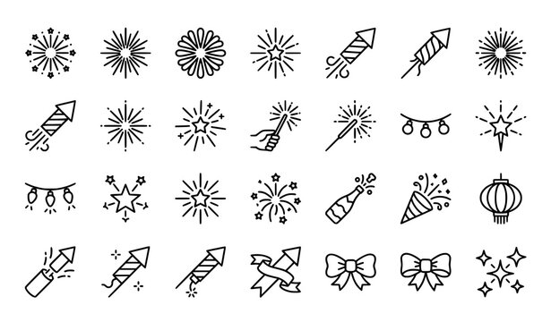 Firecracker and Firework Hand Drawn Elements, Celebration Outline Icons