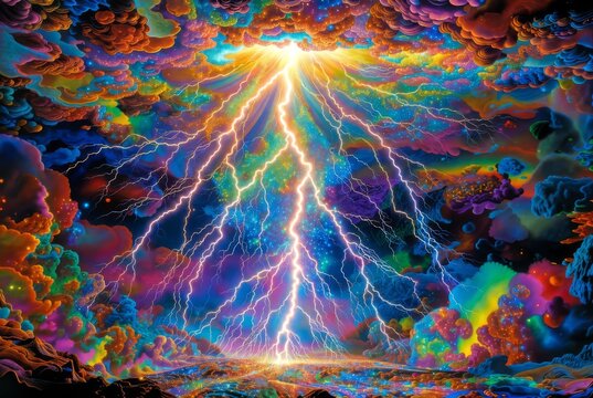 Tempesta cosmica psichedelica con fulmini luminosi e nuvole astratte colorate
