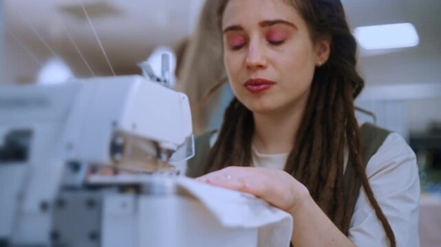 Young female student with dreadlocks learning to sew in a professional fashion design workshop