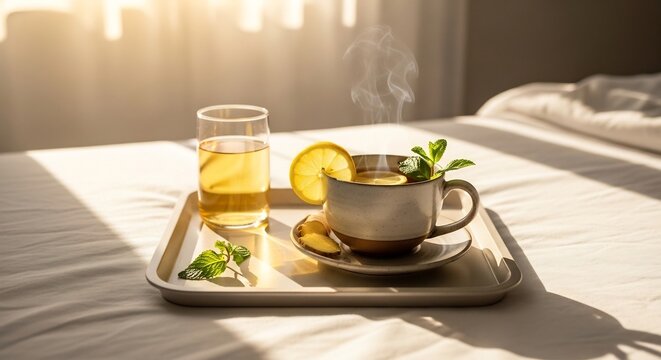 Morning tea with lemon and mint on a tray in a sunlit bedroom.