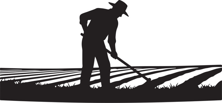 Black silhouette of man plowing field with hoe farmer