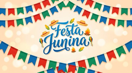 Fototapeta premium Festa junina celebration background with bunting flags and traditional elements