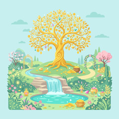 A magical golden tree stands in a lush fantasy garden landscape © Vera