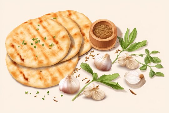 Stack of grilled flatbreads serving on a light background with garlic, cumin seeds, and green herbs