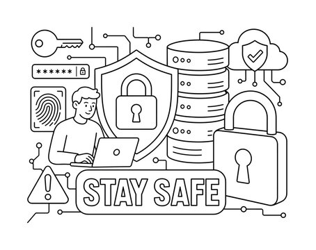 Cyber Security Protection. Clean outline banner with one laptop user behind an oversized shield lock and secure server stack, giant padlock and database tower spreading across the full canvas, key,