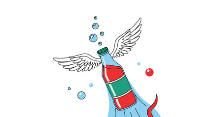 Fototapeta premium Creative cartoon illustration of a soda bottle with white wings flying through bubbles representing a refreshing and light beverage concept.