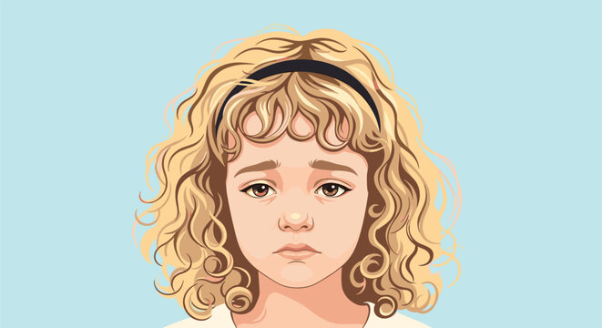 Close-up portrait of a young girl with blonde curly hair and a sad and worried expression looking directly at the camera with tearful eyes.