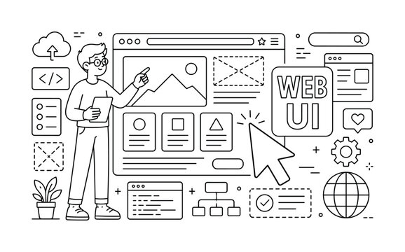Web Interface Digital Series banner with designer near oversized browser window and large cursor, small cloud and code details, bold text WEB UI in rounded rectangle off-center, edge to edge