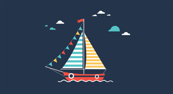 Elegant sailboat with striped sails and decorative flags sailing on calm ocean waves under a dark blue night sky.