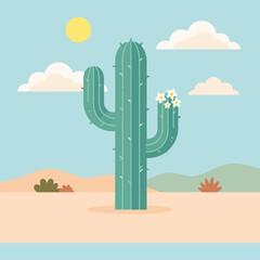 A green cactus stands in a peaceful desert landscape scene © Umar