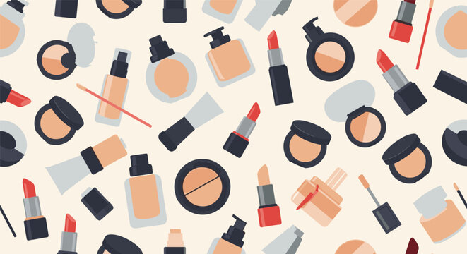 Seamless pattern design featuring various cosmetic products like lipstick, foundation, compact powder, and makeup brushes.