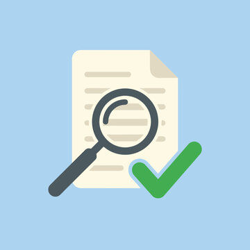 A magnifying glass rests on a document with a green check mark