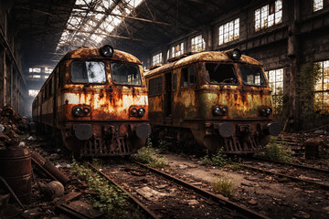 Fototapeta premium Two Abandoned Rusted Trains Inside Decaying Railway Depot