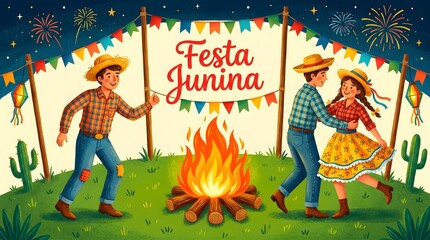Obraz premium Festa junina celebration with dancing couple and bonfire