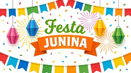 Naklejka premium Festa junina celebration background with paper lanterns and bunting flags isolated on white background