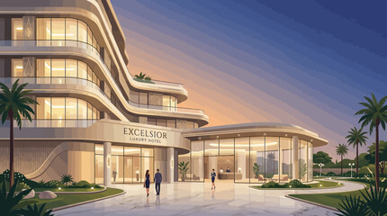 Obraz premium Premium hotel flat vector background, elegant architectural lines and soft luxury gradients, spacious branding copy space