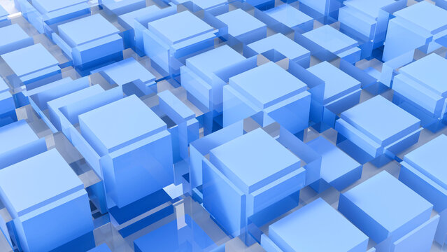 Abstract 3D high-tech background featuring a grid of futuristic blue cubes and translucent glass blocks. Ideal for blockchain concepts, data server storage, and modern tech banners