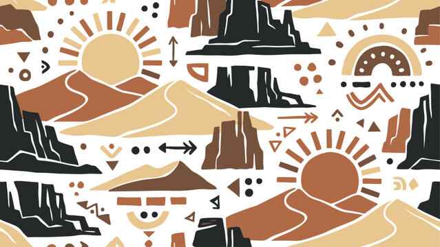 Seamless boho desert pattern with minimalist sand dunes, suns, mesas, and geometric shapes in terracotta tones.