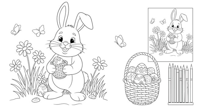 Easter bunny coloring page for children showing a rabbit in a flower garden holding a basket and including an example image with colored pencils.