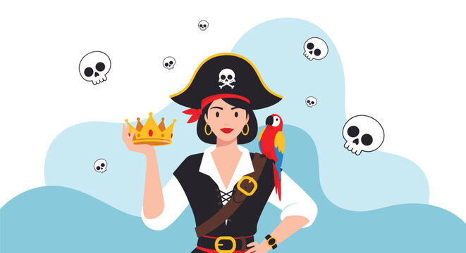 Brave pirate woman wearing a captain hat and holding a golden crown with a colorful parrot on her shoulder surrounded by floating skulls.