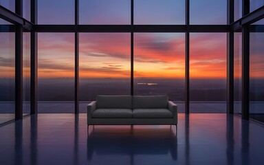 Fototapeta premium Modern living room with a stunning sunset view from a high rise building