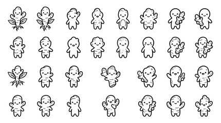 Fototapeta premium Cute Doodle Characters: Diverse Kawaii Figures and Plants in Black and White