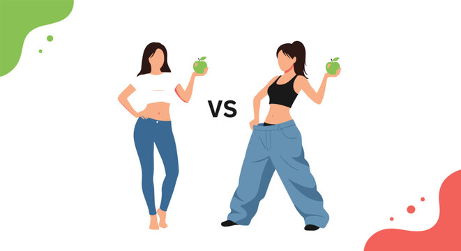 Comparison of two women holding apples showing a weight loss transformation with one wearing oversized denim jeans.