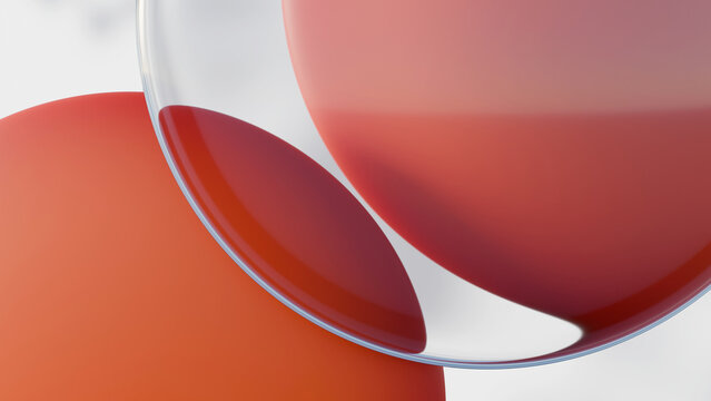 Abstract 3D minimalist background featuring smooth orange and red spheres with a clear glass lens or disc distortion effect. Ideal for modern presentation slides and clean branding layouts