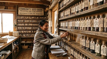 Woman selecting heirloom seeds from labeled glass jars at seed bank