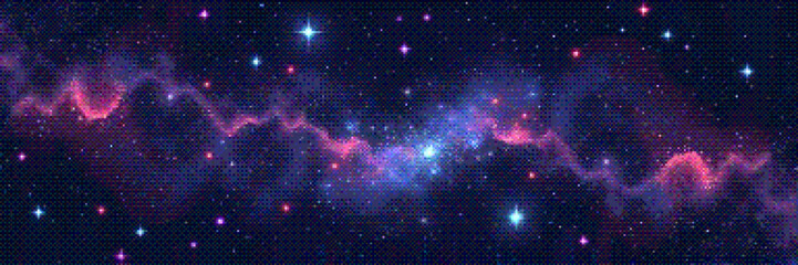 Pixelated amazing huge nebula and glowing stars in universe. Panoramic deep space scene background in vintage pixel art style with dithering effect for 8-bit retro videogame. Vector illustration © 3d_kot