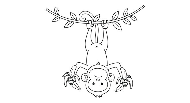 Detailed line art illustration of a cute monkey hanging upside down from a tree branch while holding two bananas.