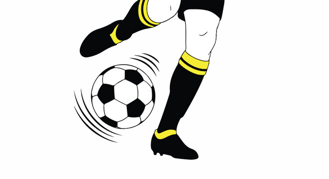 A player performing a fast step-over move, foot circling over the ball to deceive a defender. Dynamic leg motion and blur-free edges. Palette: black, bright yellow, and white. minimalist flat
