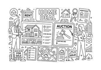 Fototapeta premium Real Estate Property. Clean outline line art banner of real estate property: two agents presenting an oversized house listing and a giant property auction board spread across the full canvas, with