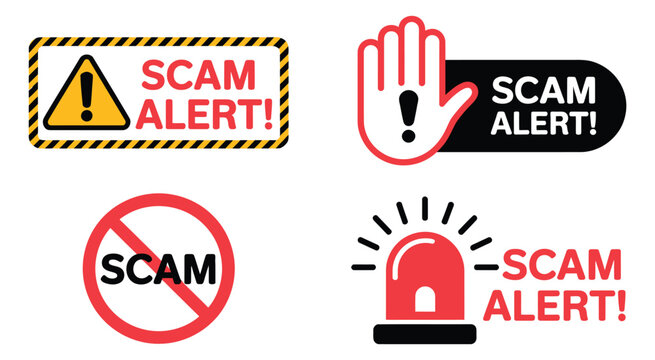 Scam Alert Notification Icon Set Featuring Fraud Notice Warnings, Malware and Hack Attack Attention Banners, Security Symbols for Cyber Threats, Digital Safety and Online Protection