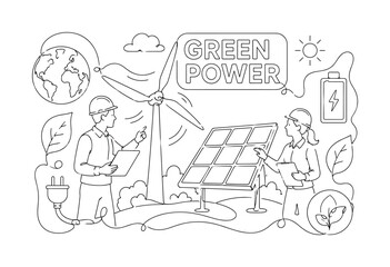 Obraz premium Green Energy Ecology. Clean one-line drawing banner composition showing oversized wind turbine and large solar panel with 2 eco engineers checking renewable power, scattered leaf, electric plug,
