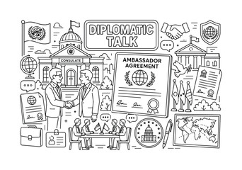 Obraz premium Diplomacy Government Relations. Clean outline line art banner of diplomacy government relations: two diplomats meeting beside an oversized consulate building and a giant ambassador agreement board