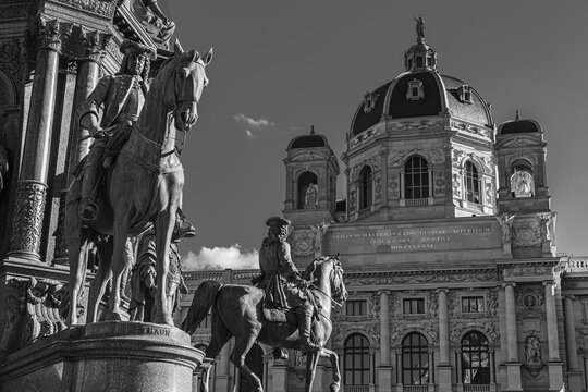 Equestrian statues at the Maria Theresa Monument, behind the Natural History Museum, black and white photograph, Maria Theresa Square, MuseumsQuartier, Vienna, Austria