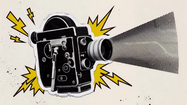 Pop Art Halftone Distressed Vintage Film Projector Sticker Illustration, Worn Retro Cinema Camera Projection Icon, Vintage Torn Paper Collage Element, 90s Magazine Style, Video