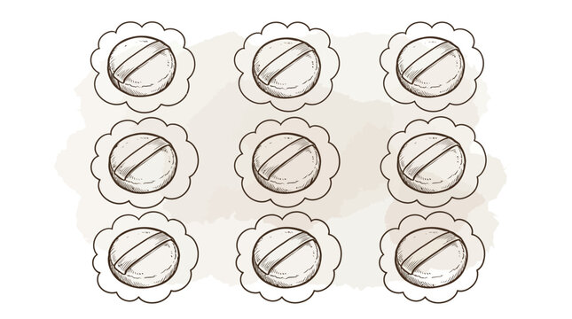 Hand-drawn illustration of nine round cookies with scalloped edges on a textured background.