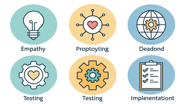 Design thinking workflow icons showing empathy prototyping ideation testing and implementation