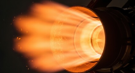 Fototapeta premium Close-up view of a powerful rocket engine emitting bright orange flames and exhaust