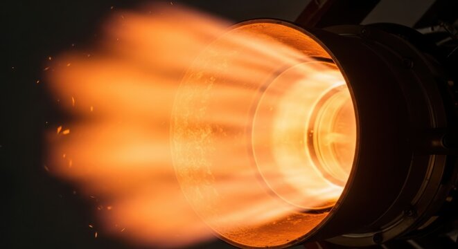 Close-up view of a powerful rocket engine emitting bright orange flames and exhaust
