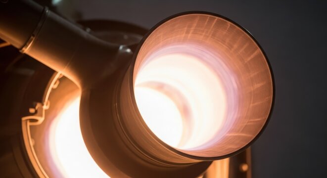 Close-up view of a rocket engine nozzle with bright orange and pink flames erupting, showcasing intense heat and power.
