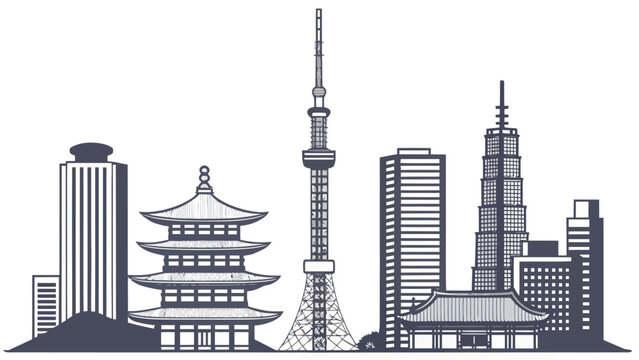 Modern tokyo skyline with tokyo tower and traditional pagoda urban cityscape illustration
