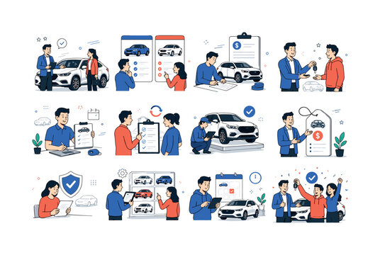 Car Dealership Services. Auto sales, new cars, used cars, car rental, vehicle financing, dealership, test drive, trade-in, contract, insurance support, service desk, customer choice. 12 minimalist