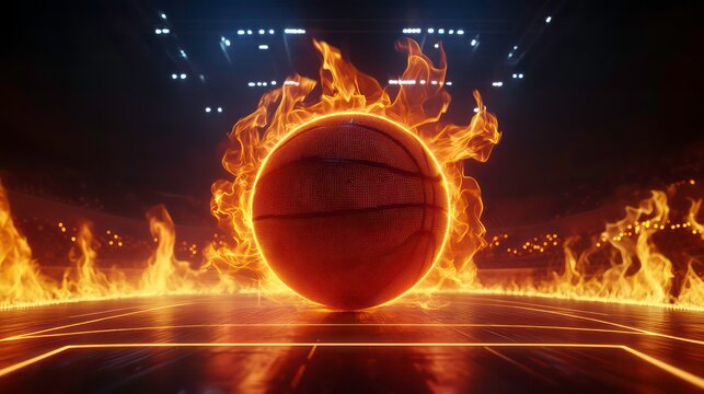 A basketball on fire in a basketball court with bright neon lights and a hoop in the background.