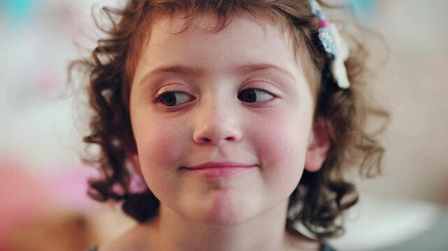 Smile, thinking and face of kid in house with confidence for calm, peaceful and break on weekend. Happy, guess and portrait of girl child in bedroom with pride for growth and development at home.
